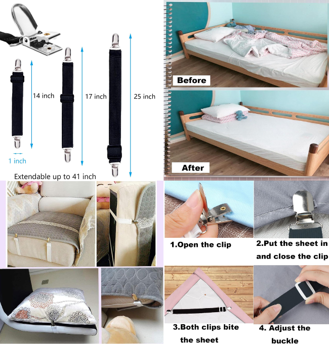 10 pcs Adjustable Bed Sheet Straps,Bed Sheet Clips, Elastic Bed Fitted Sheet Holder,Fitted Sheet Straps Clips,Sheet Fastener Suspenders to Hold Sheet ,Mattress Covers,Sofa Cushion,Table Clothing,Black