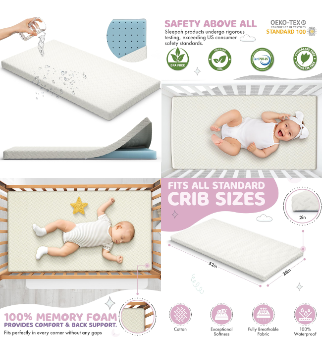 2” Crib Mattress Topper Memory Foam - Waterproof Breathable Soft Washable Cover 52” x28” x 2” Fits Standard Size Cribs & Toddler Beds by Sleepah