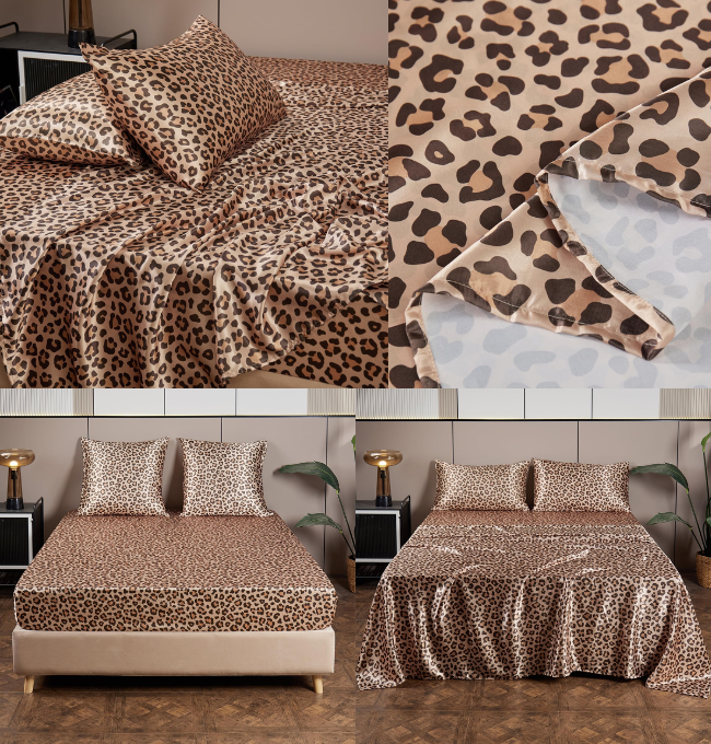 AiMay 4 Piece King Size Satin Bed Sheet Set Deep Pocket Golden Leopard Pattern Luxury Silky Super Soft 1 Flat Sheet 1 Fitted Sheet 2 Envelope Pillowcases Wrinkle Free (Golden Leopard, King)