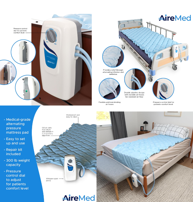 AireMed: Alternating Air Pressure Mattress Pad with Quiet Electric Pump System - Premium Hospital Bed Mattress Topper for Bed Sore Prevention - Medical Bed Sore Cushions for Butt & Back