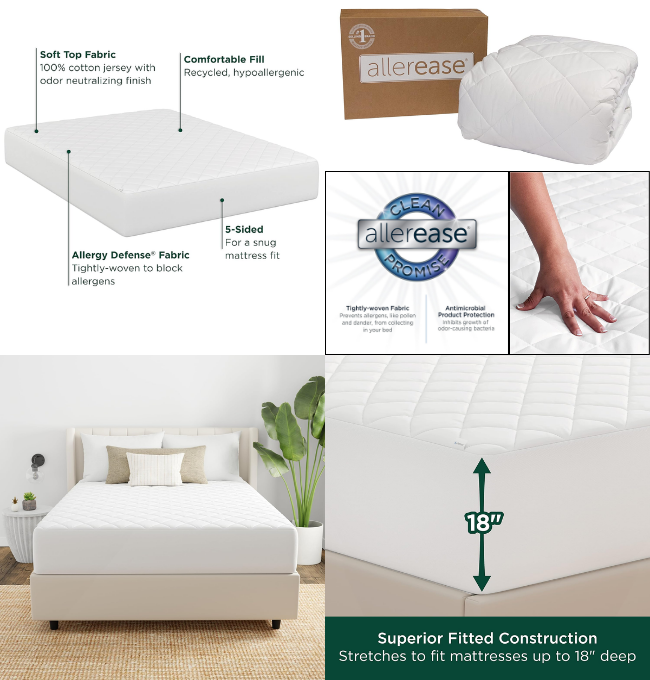 AllerEase Cotton Fresh Allergy Protection Odor Neutralizing Fitted Mattress Pad- Full- White