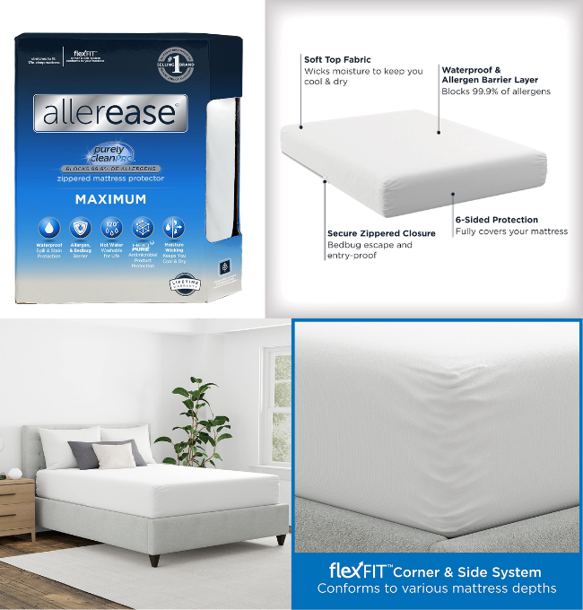 AllerEase Waterproof Mattress Protector, Maximum Allergy Mattress Protector, Queen Mattress Cover