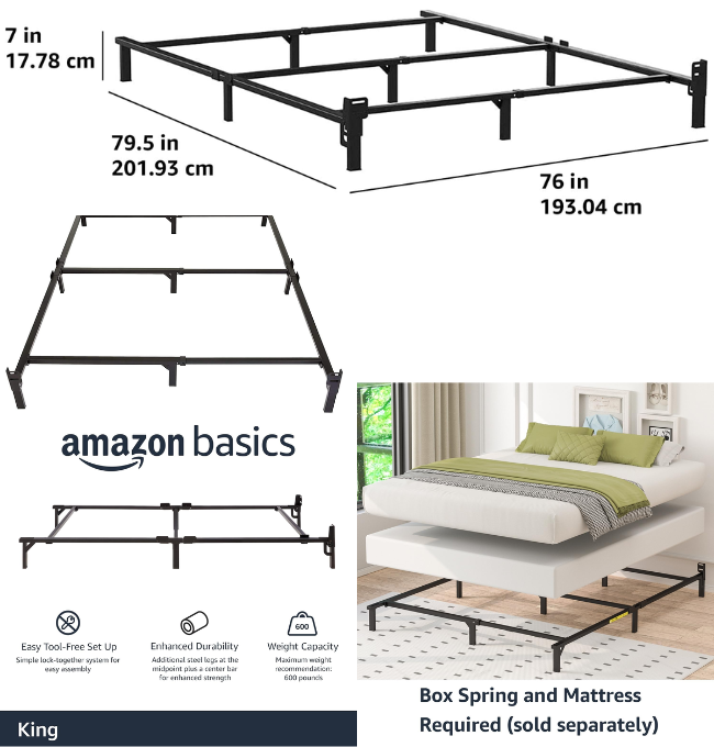 Amazon Basics Metal Bed Frame, 9-Leg Base for Box Spring and Mattress, King, Tool-Free Easy Assembly, Black, 79.5