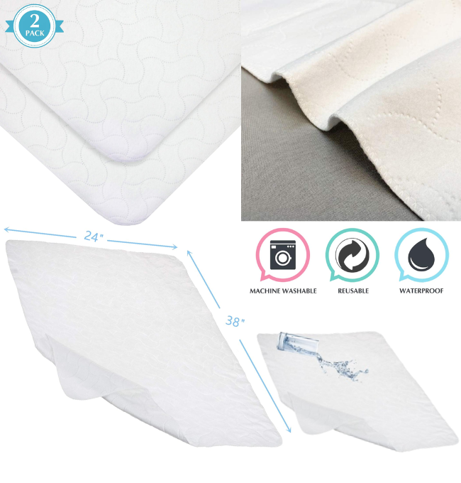 American Baby Company 2 Pack Waterproof Embossed Quilt-Like Flat Reusable Portable/Mini-Crib Size Protective Mattress Pad Cover for babies, adults and pets, White 24