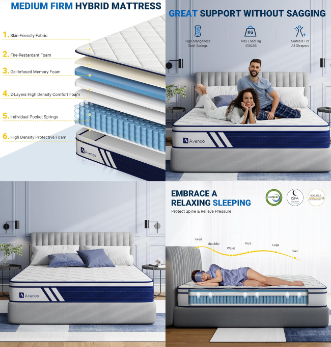 Avenco King Mattress, 12 Inch Hybrid King Size Mattress in a Box with Memory Foam & Individually Pocket Coils, Medium Firm King Bed Mattresses CertiPUR-US Certified & 10 Year Warranty