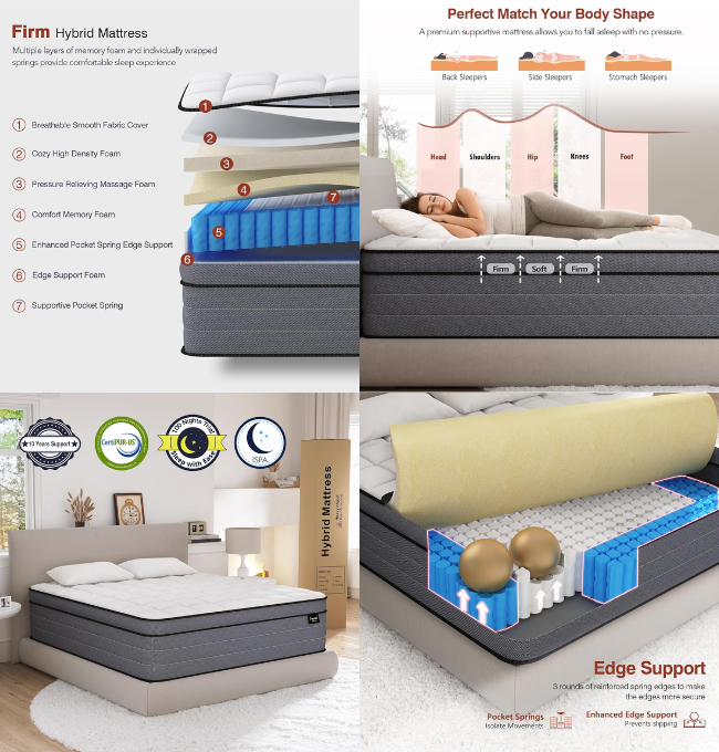 
Ayeawo Firm King Size Mattress, 12 Inch Hybrid Mattress King Size with Gel Memory Foam and Pocket Springs, King Mattress in a Box, Pressure Relief.