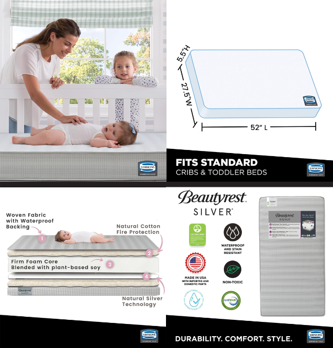 Beautyrest Silver Slumber Nights Dual Sided 2-Stage Crib Mattress and Toddler Mattress - GREENGUARD Gold – Waterproof - Plant Based Soy Foam Core, Grey