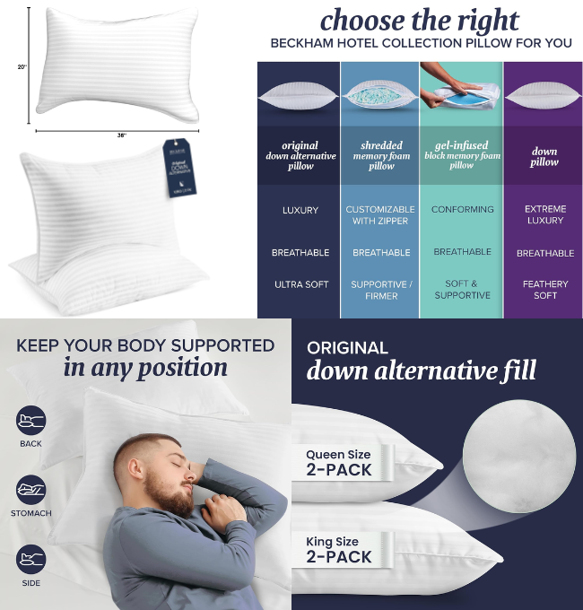 Beckham Hotel Collection Bed Pillows King Size Set of 2 - Down Alternative Bedding Gel Cooling Big Pillow for Back, Stomach or Side Sleepers