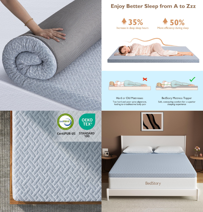 BedStory Memory Foam Mattress Topper Queen Size - 4 Inch Premium Soft Gel Memory Foam Topper - Bed Toppers with Removable Cover, CertiPUR-US Certified