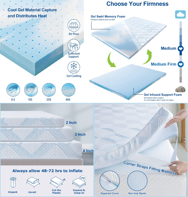 BedStory Queen Mattress Topper, 3 inch Memory Foam Mattress Topper, Firm Bed Topper Cooling Gel-Infused with Anti-Slip Removable&Breathable Cover for Back Pain, Pressure Relieve, CertiPUR-US(60