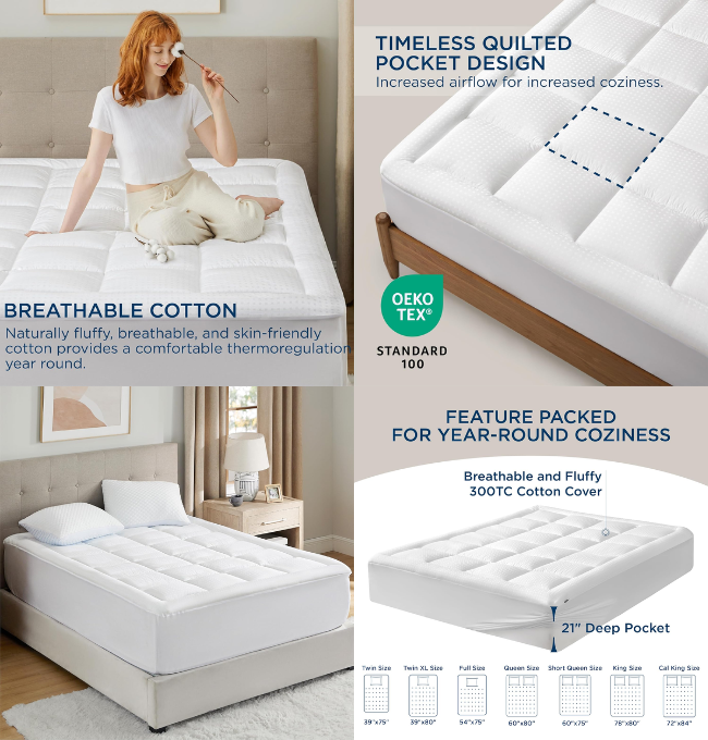 Bedsure Mattress Pad Queen Size - Breathable Cotton Mattress Topper, Quilted Fitted Mattress Cover with Deep Pocket Fits 8-21 Inch Mattress, Soft Fluffy Pillow Top, White