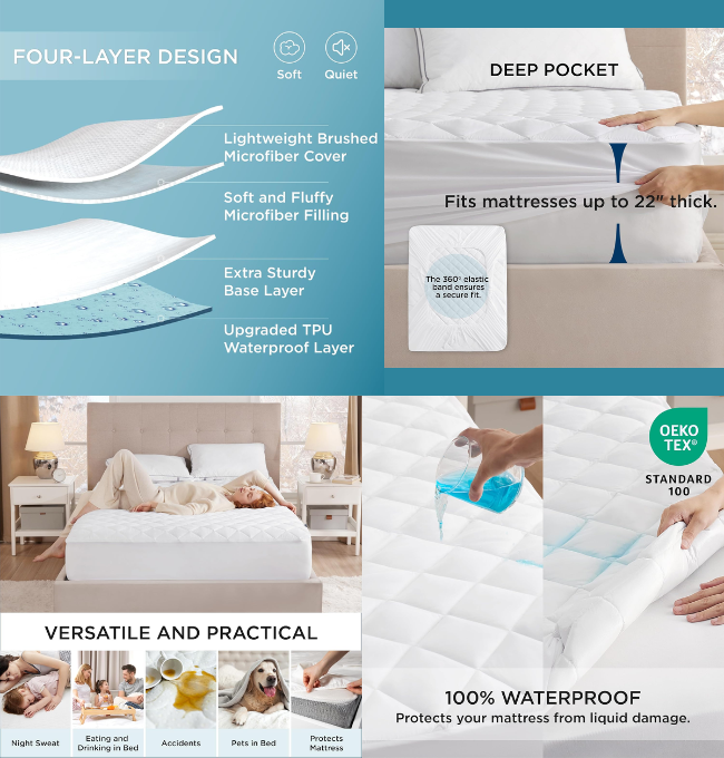 Bedsure Queen Mattress Pad, Waterproof Mattress Protector with Deep Pocket up to 22 Inches, Quilted Mattress Cover Noiseless Soft Breathable, White