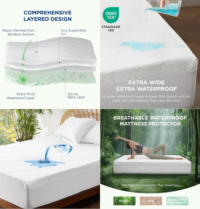 Bedsure Queen Size Waterproof Mattress Protector, Viscose Made from Bamboo Cooling Mattress Cover Breathable Soft 3D Air Fabric Noiseless Mattress Pad Cover 8