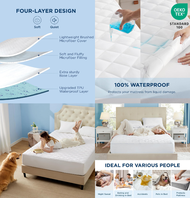 Bedsure Waterproof Mattress Pad Twin Size, Quilted Mattress Protector with Deep Pocket up to 22 Inches, Noiseless Soft Breathable Mattress Cover, White