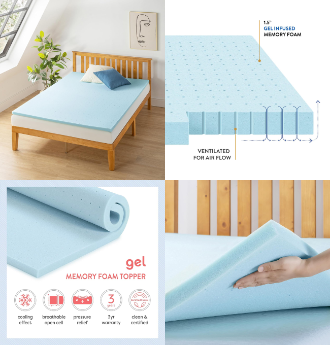 Best Price Mattress 1.5 Inch Ventilated Memory Foam Mattress Topper, Cooling Gel Infusion, CertiPUR-US Certified, Queen Blue