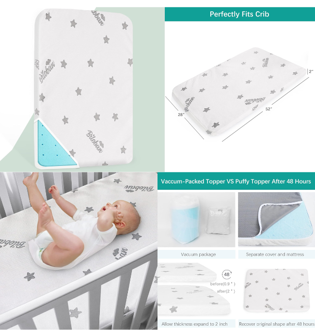 Biloban Crib Mattress Pad Topper Memory Foam 2-Inch Toddler Bed Mattress Fit Baby Crib Mattress with Removable Crib Mattress Topper Cover Protector Waterproof Machine Wash & Non-Slip | 52“x 27“