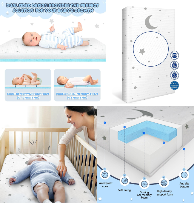 Casusv Mini Crib Mattress - 38x24x3 in Baby Crib Mattresses for Mini and Portable Crib - Breathable Dual Sided Memory Foam & High Density Support Foam with Waterproof Washable Crib Mattress Cover