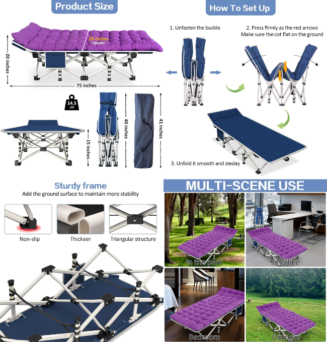 COLMERD Camping Cot with Comfortable Mattress Cots for Sleeping with Pad Heavy Duty Camping Bed Sleeping Cot Include Carry Bag Camping Cots for Adults Home Office Nap Vocation Outdoor