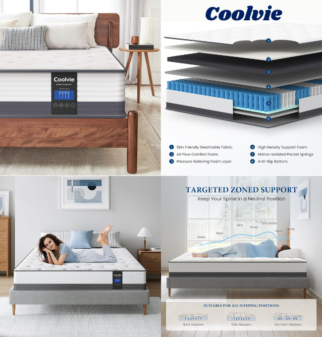 Coolvie Hybrid Queen Mattress 10 Inch - Medium Firm Queen Mattress in a Box, Individual Pocket Springs for Motion Isolation, Zoned Support Queen Bed Mattress for Pressure Relief, Queen Size