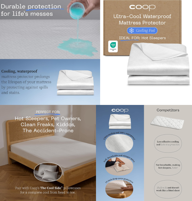 Coop Home Goods Ultra-Cool Waterproof Mattress Protector, Queen Mattress Protector, Machine Washable Cooling Mattress Cover, Whisper Quiet Bed Protector Waterproof, Cooling Mattress Protector Queen