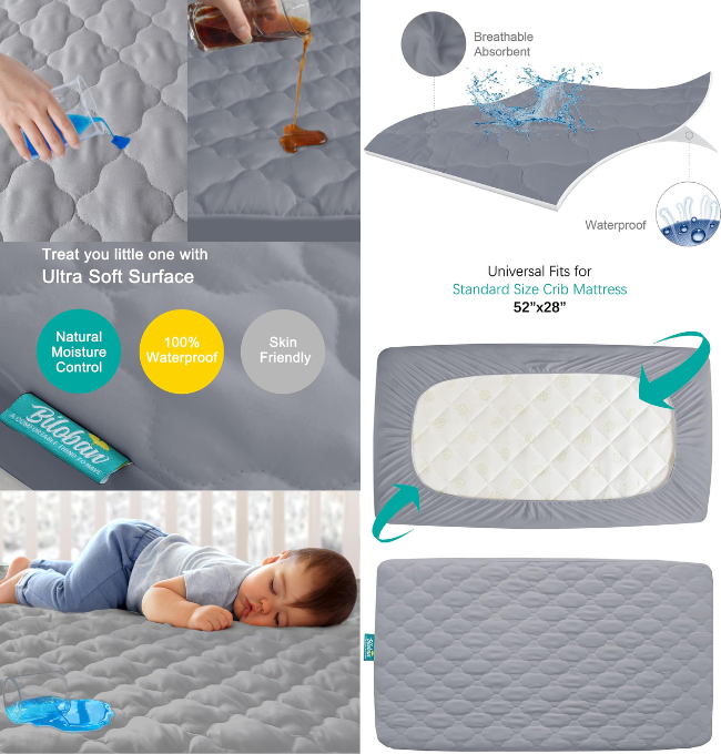 Crib Mattress Protector Sheets Fitted Waterproof Crib Mattress Pad Cover, Noiseless & Machine Wash 100% Absorbent Crib/Toddler Mattress Protector Sheet Quilted, Gray, 52