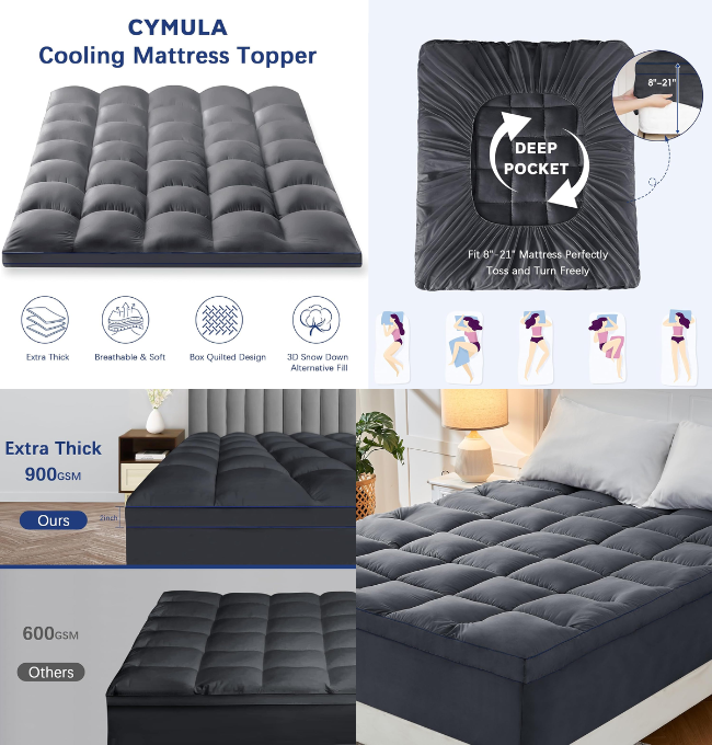 CYMULA Mattress Topper Queen, Cooling Mattress Pad Cover, Extra Thick Pillow Top Mattress Topper with 8-21 Inch Elasticated Deep Pockets, Plush Down Alternative Fill Mattress Protector