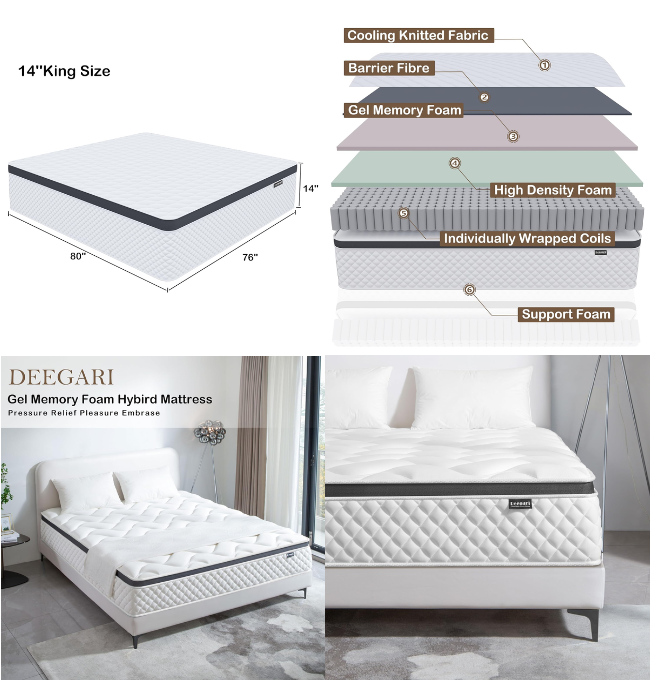 Deegari King Mattress,14 Inch King Size Mattress in a Box,Gel Memory Foam and Innerspring Hybrid Mattress with Individual Pocket Spring for Motion Isolation,Pressure Relief,Medium Firm Feel