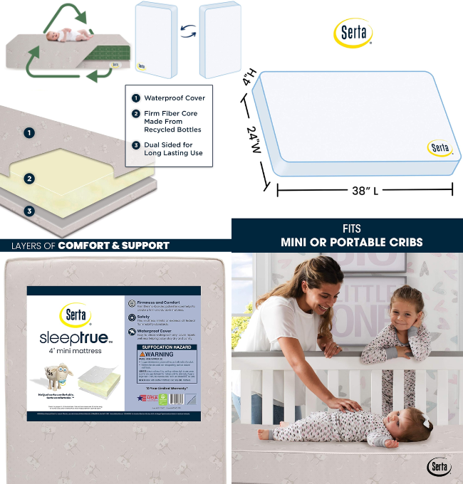 Delta Children Serta SleepTrue Mini Crib Mattress, Premium Sustainably Sourced Fiber Core, Hypoallergenic & Waterproof Cover, Greenguard Gold Certified - Made in USA, White