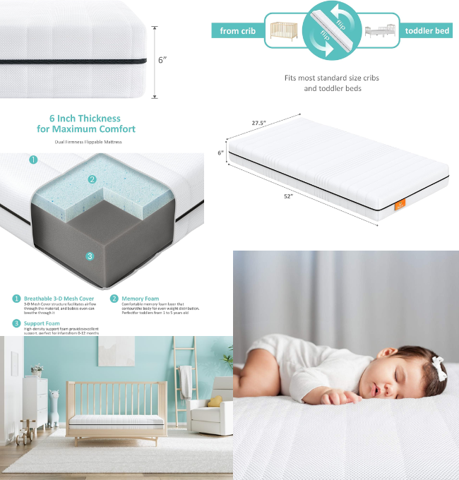 Dourxi Crib Mattress, Dual-Sided Comfort Memory Foam Toddler Mattress with Breathable Washable 3-D Spacer Cover, Premium Baby Mattress for Infant and Toddler Bed | Standard Size Crib Mattress