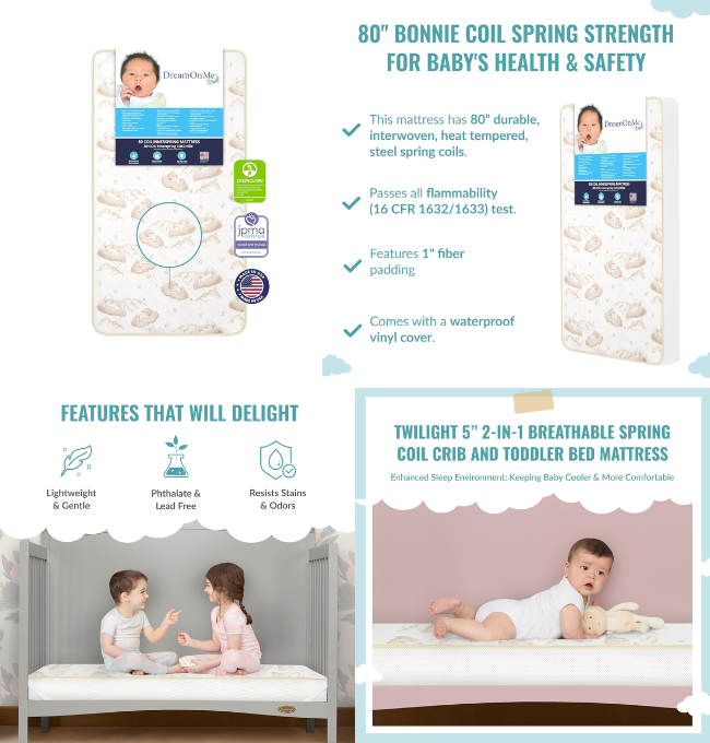 Dream On Me Twilight 5” 88 Coil Inner Spring Crib And Toddler Mattress, Greenguard Gold Certified, 10 Year Limited Warranty, Waterproof Vinyl Cover, Made In The U.S.A, Support And Comfort