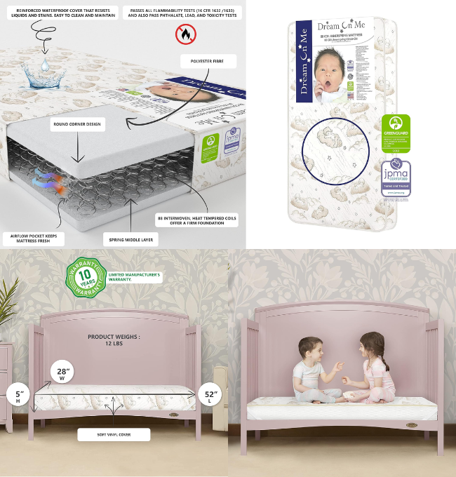 Dream On Me Twilight 5” 88 Coil Inner Spring Crib And Toddler Mattress, Greenguard Gold Certified, 10 Year Limited Warranty, Waterproof Vinyl Cover, Made In The U.S.A, Support And Comfort