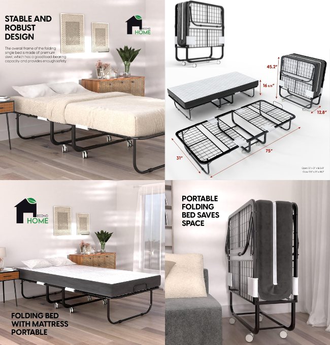 EconoHome Folding Bed with Mattress - 75x31 Cot Size Bed Frame - Portable Foldable Roll Away Adult Bed for Guest - 5-inch Thick Memory Foam Mattress - Space Saving Fold Up Bed for Easy Storage