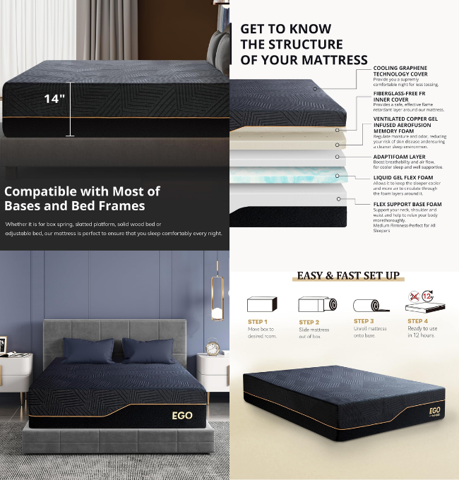 EGOHOME 14 Inch King Size Memory Foam Mattress for Back Pain, Cooling Gel Mattress Bed in a Box, Made in USA, CertiPUR-US Certified, Therapeutic Medium Mattress, 76x80x14 Black