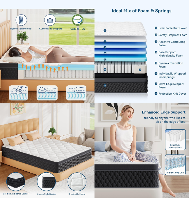 ELEMUSE 10 Inch Queen Mattress in a Box, Memory Foam Hybrid Mattress with Individually Pocketed Springs for Isolate Motion, Pressure Relief, CertiPUR-US Certified