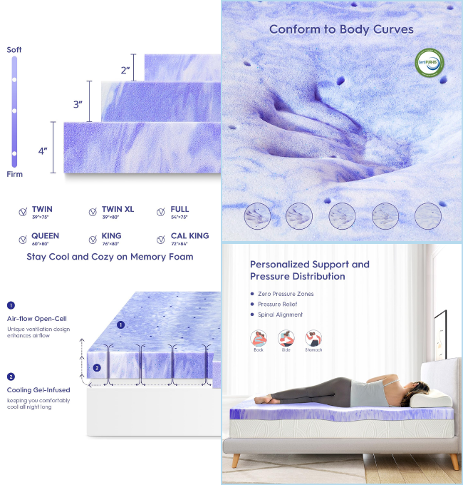 ELEMUSE 2 Inch Ventilated Design Memory Foam Full Size Mattress Topper,Cooling Gel Infused Swirl Foam Pad for Pressure Relief Back Pain,Bed Topper for Body Support, CertiPUR-US Certified