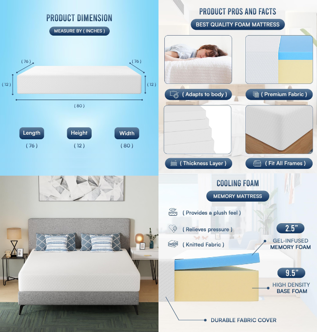 FDW 12 inch Gel Memory Foam Mattress Medium Firm Mattresses for Cool Sleep Relieving Pressure Relief CertiPUR-US Certified Mattress in a Box,King