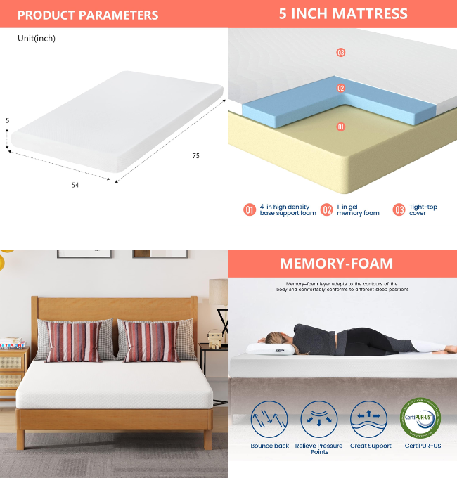 FDW 5 Inch Gel Memory Foam Mattress Medium-Firm Mattress for Pressure Relief & Cooler Sleep Mattress for Kid Adults CertiPUR-US Certified Mattress in a Box, Full