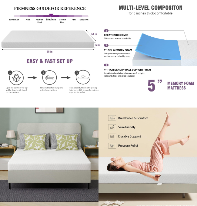 FDW 5 Inch Memory Foam Mattress/Medium-Firm Mattress for Pressure Relief & Cooler Sleep/Mattress for Kid Adults/CertiPUR-US Certified/Mattress in a Box, Full