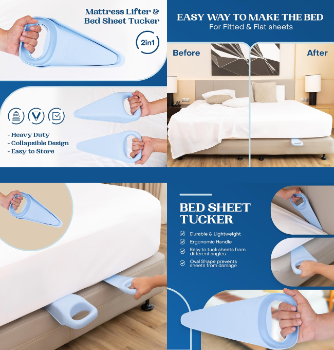 FeelAtHome Bed LIFTucker - 2in1 Bed Maker - Mattress Lifter & Bed Sheet Tucker Tool - Lift & Hold The Mattress while Changing Sheets - Tucks Fitted & Flat Bed Sheets - Bed Tucker Tool - Bed Lifter