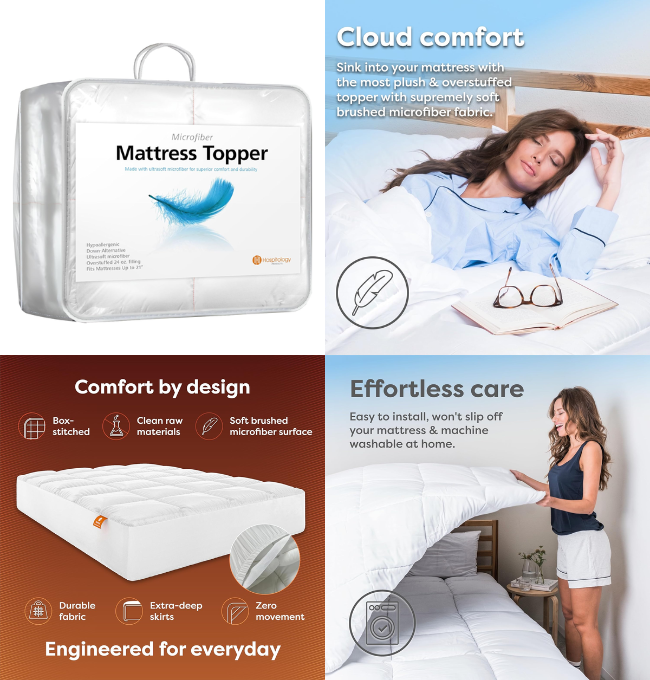 HOSPITOLOGY PRODUCTS Hypoallergenic Mattress Cover- Overstuffed - Deep Pocket - Goose Down Alternative Pillow Top Mattress Topper Queen - 60