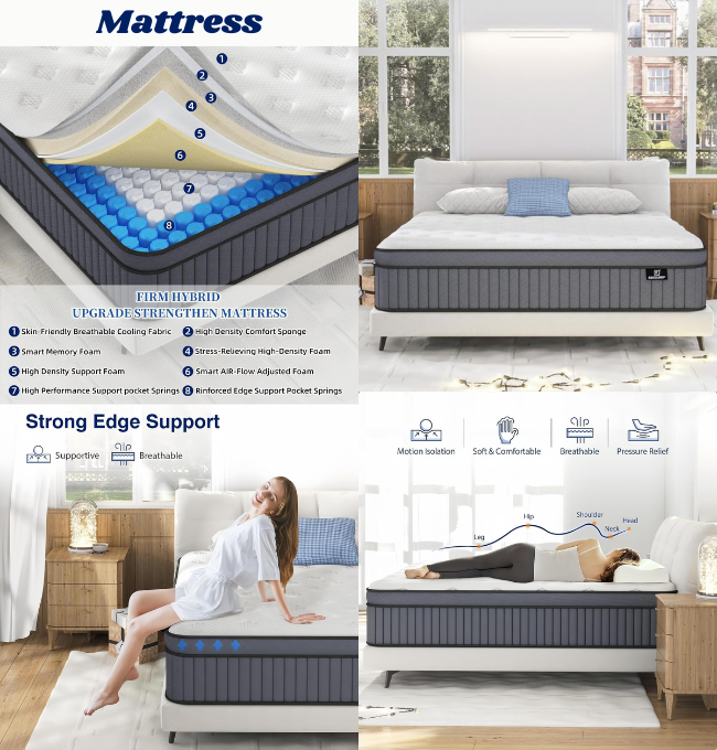 King Size Mattress - Upgrade Strengthen - 14 Inch Firm Hybrid King Mattress in a Box, Mattress King With High density Memory Foam and Independent Pocket Springs, Strong Edge Support, Release Pressure