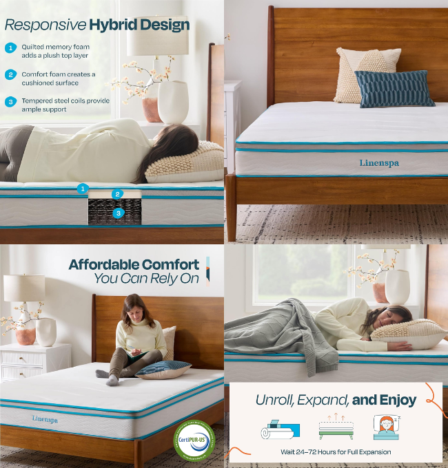 Linenspa 10 Inch Memory Foam and Spring Hybrid Mattress - Medium Feel - Bed in a Box - Quality Comfort and Adaptive Support - Breathable - Cooling - Perfect for a Guest Bedroom - Twin Size