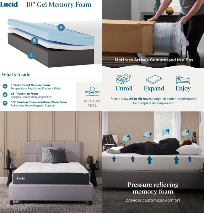 LUCID 10 Inch Memory Foam Mattress - Firm Feel - Infused with Bamboo Charcoal and Gel - Bed in a Box - Temperature Regulating - Pressure Relief - Breathable - King Size