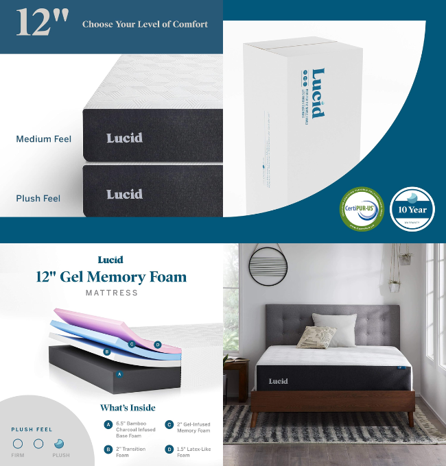 LUCID 12 Inch Memory Foam Mattress - Plush Feel - Memory Foam Infused with Bamboo Charcoal - Gel Infusions - CertiPUR-US Certified - Breathable - Queen