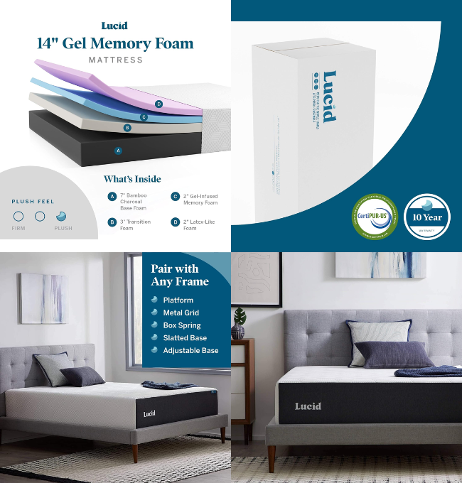 LUCID 14 Inch Memory Foam Mattress - Plush Feel - Memory Foam Infused with Bamboo Charcoal and Gel - Temperature Regulating - Pressure Relief - Breathable - Premium Support - King Size