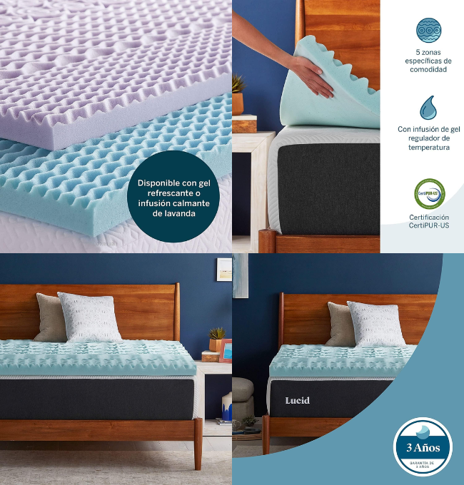 Lucid 3 Inch Mattress Topper King - Memory Foam Mattress Topper King - 5 Zone Gel Infusion - CertiPur Certified Foam