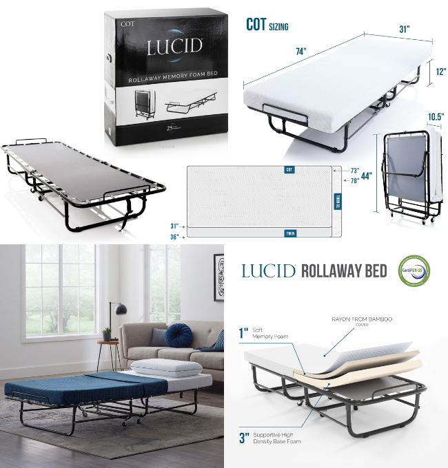 Lucid Rollaway Folding Guest Bed with 4 Inch Memory Foam Mattress- Rolling Cot- Easy Storage-Cot Size Bed