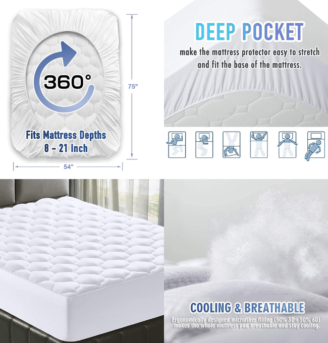 MATBEBY Bedding Quilted Fitted Full Mattress Pad Cooling Breathable Fluffy Soft Mattress Pad Stretches up to 21 Inch Deep, Full Size, White, Mattress Topper Mattress Protector