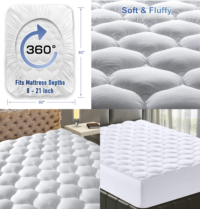 MATBEBY Bedding Quilted Fitted Queen Mattress Pad Cooling Breathable Fluffy Soft Mattress Pad Stretches up to 21 Inch Deep, Queen Size, White, Mattress Topper Mattress Protector