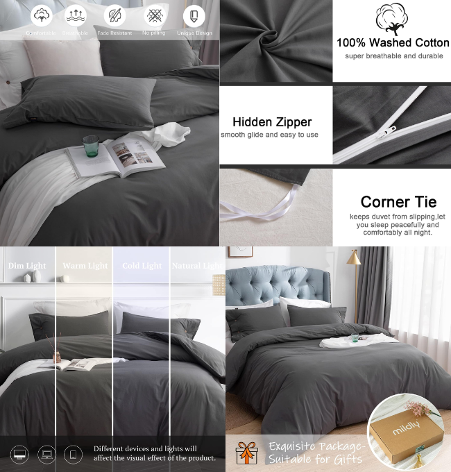 MILDLY Grey 100% Washed Cotton Duvet Cover Queen, Breathable Durable Solid Color Pattern Queen Duvet Cover Cotton with Zipper Closure, Ultra Soft Comforter Cover Set 3 Pieces-Queen